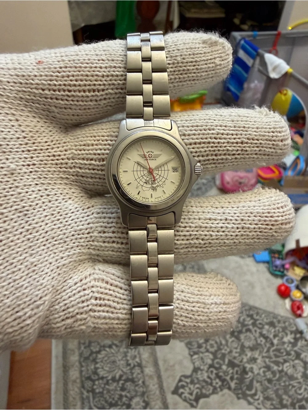 Vintage Swiss Air Force Ladies Pilot Watch Fighter Jets Radar Dial Quartz Steel